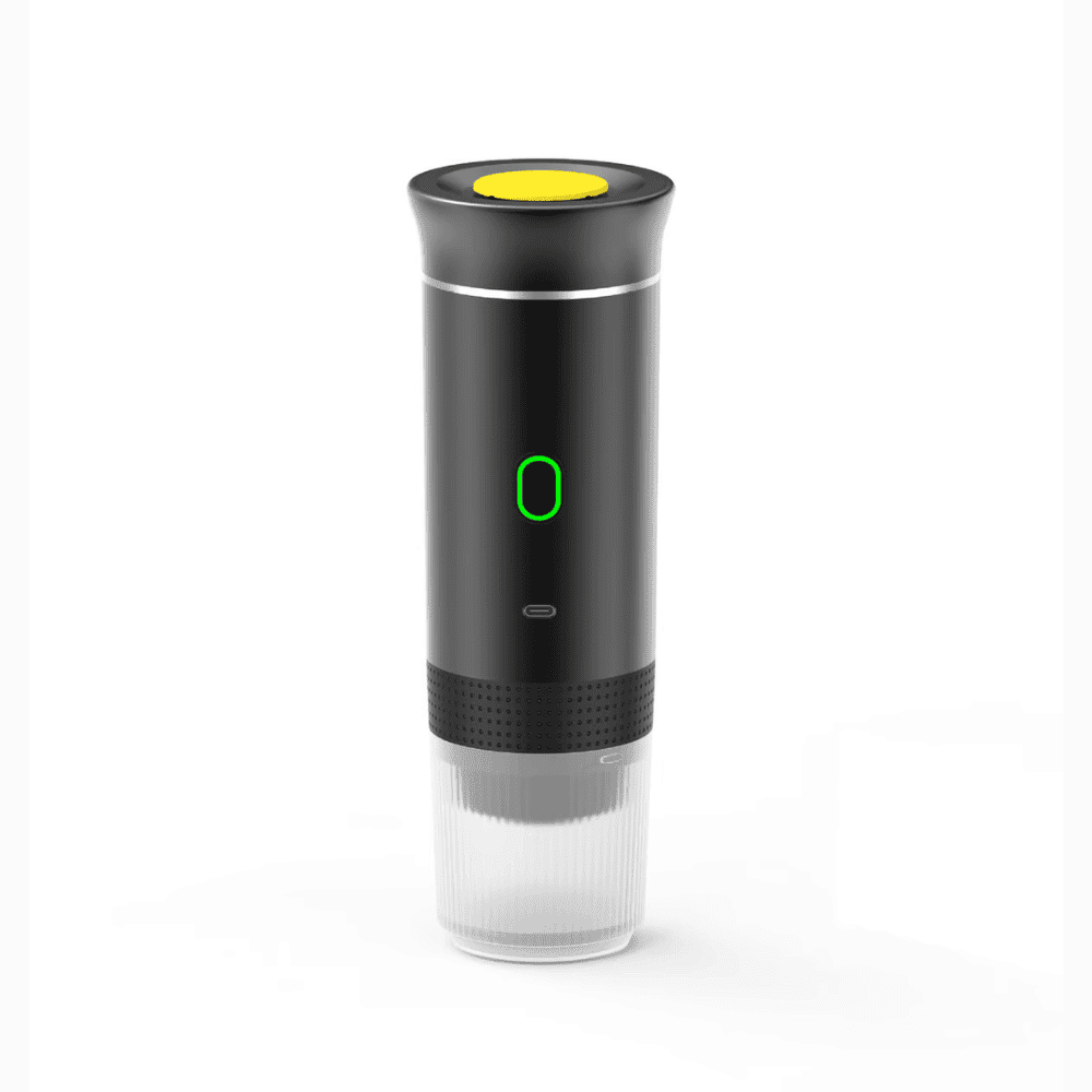 Black Portable Espresso Machine front view showcasing compact design and power button for easy operation.