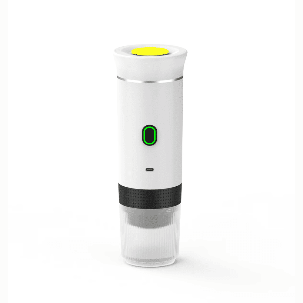 White Portable Espresso Machine model showing sleek and modern aesthetic with functional portability.